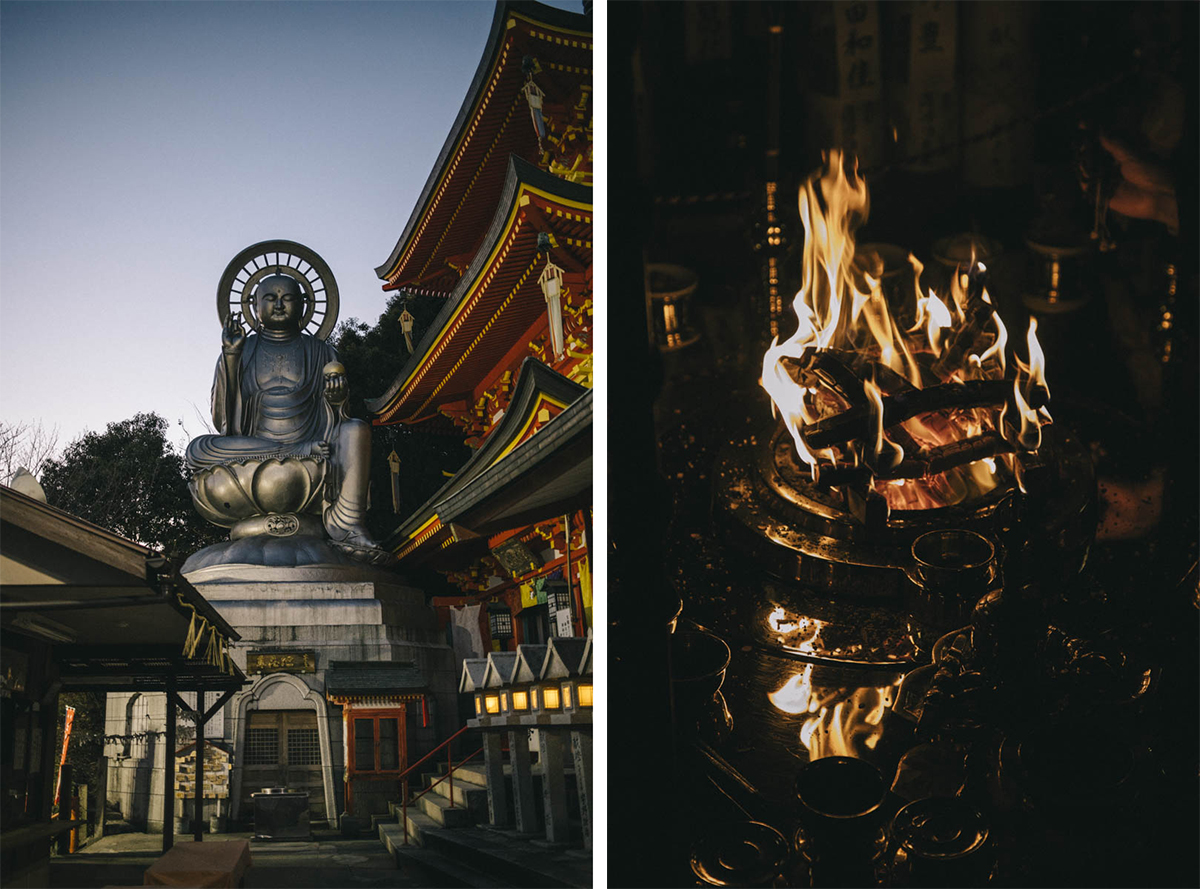 ceremonie du feu coma buddha temple japon nuit