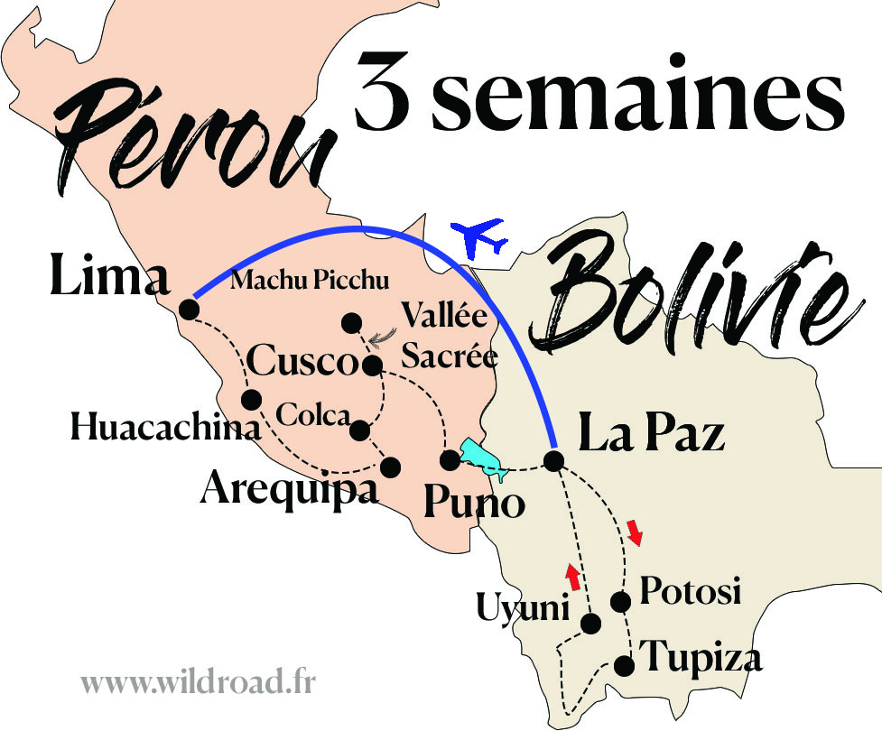Carte itinéraire Pérou Bolivie 3 semaines