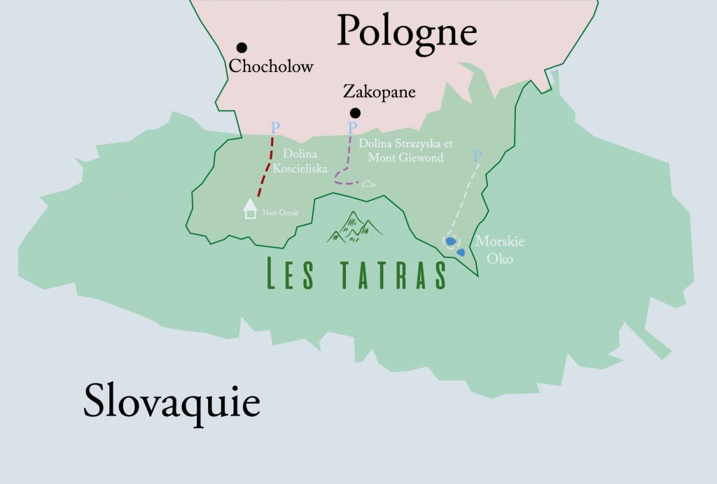 La cartes des Tatras à la frontière entre la Pologne et la Slovaquie avec les sentiers de randonnées