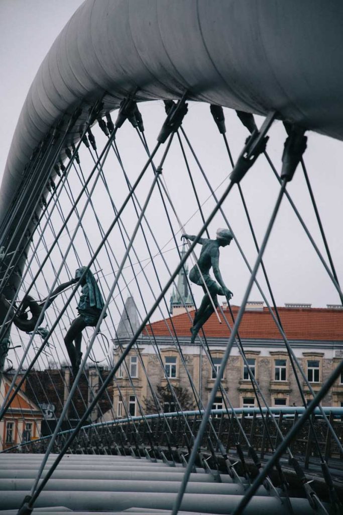 Les sculpteurs des danseurs sur le pont de Cracovie qui men à l'ancien ghetto Juif. credit photo : Clara Ferrand - blog Wildroad