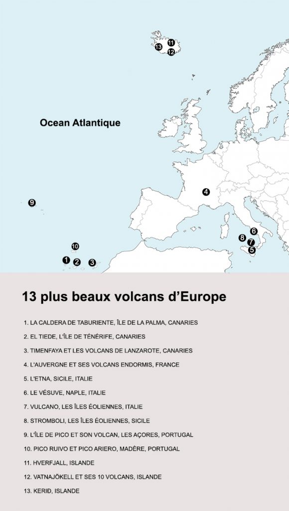 Les 13 plus beau volcans d'Europe. crédit map : Clara Ferrand