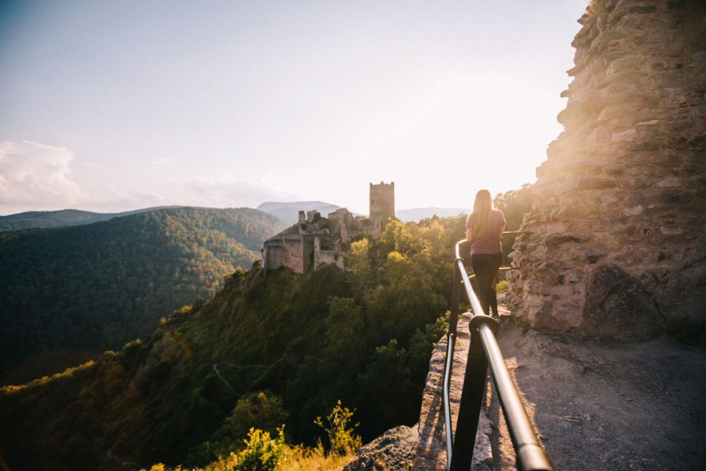 Le château de Saint-Ulrich vue depuis le chateau de Girsberg dans les hauteurs de Ribeauvillé en Alsace. crédit photo : Clara Ferrand - blog Wildroad