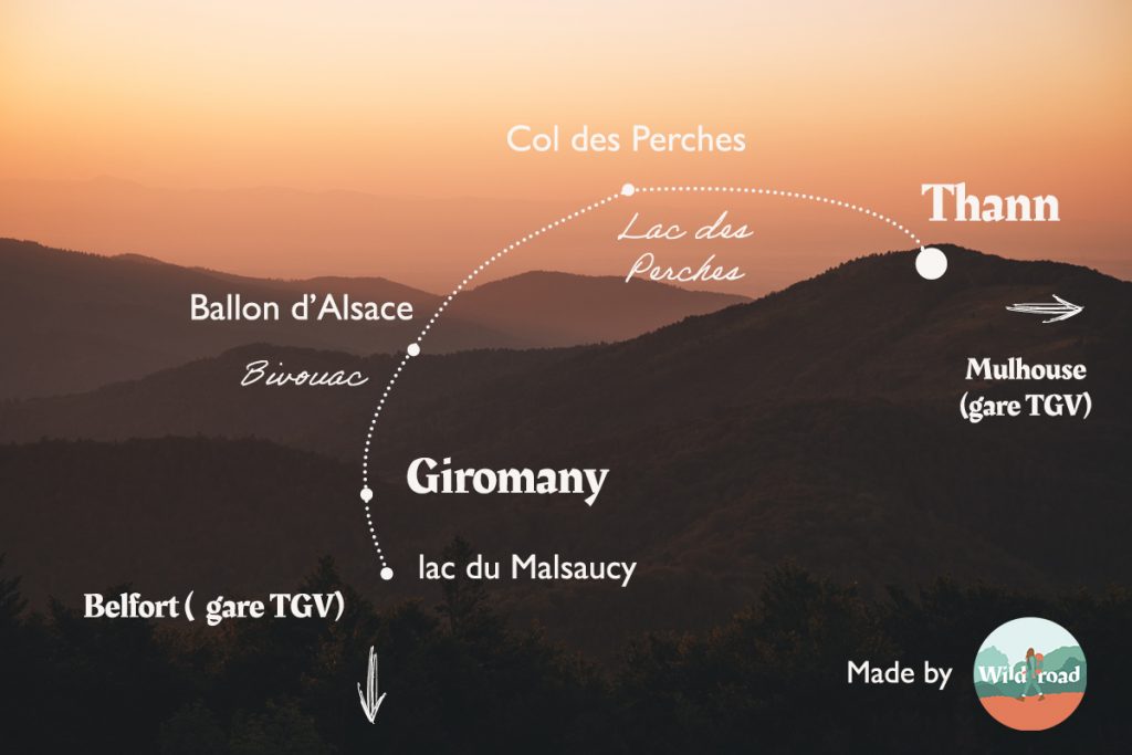 Le tracé de mon itinéraire de 3 jours dans le massif des Vosges. crédit photo : Clara Ferrand - blog Wildroad