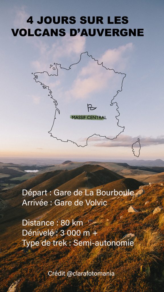 Carte de la traversée des volcans d'Auvergne en 4 jours. crédit photo : Clara Ferrand - blog Wildroad