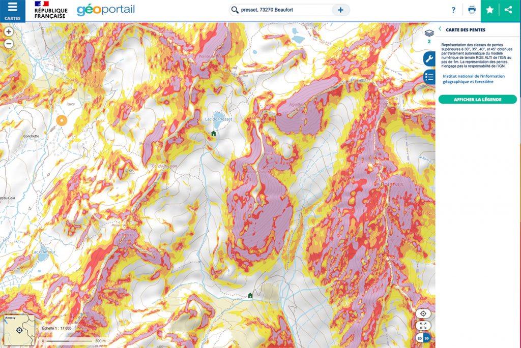 Carte des pente sur l'application Geoportail du gouvernement. crédit photo : Clara Ferrand - blog Wildroad