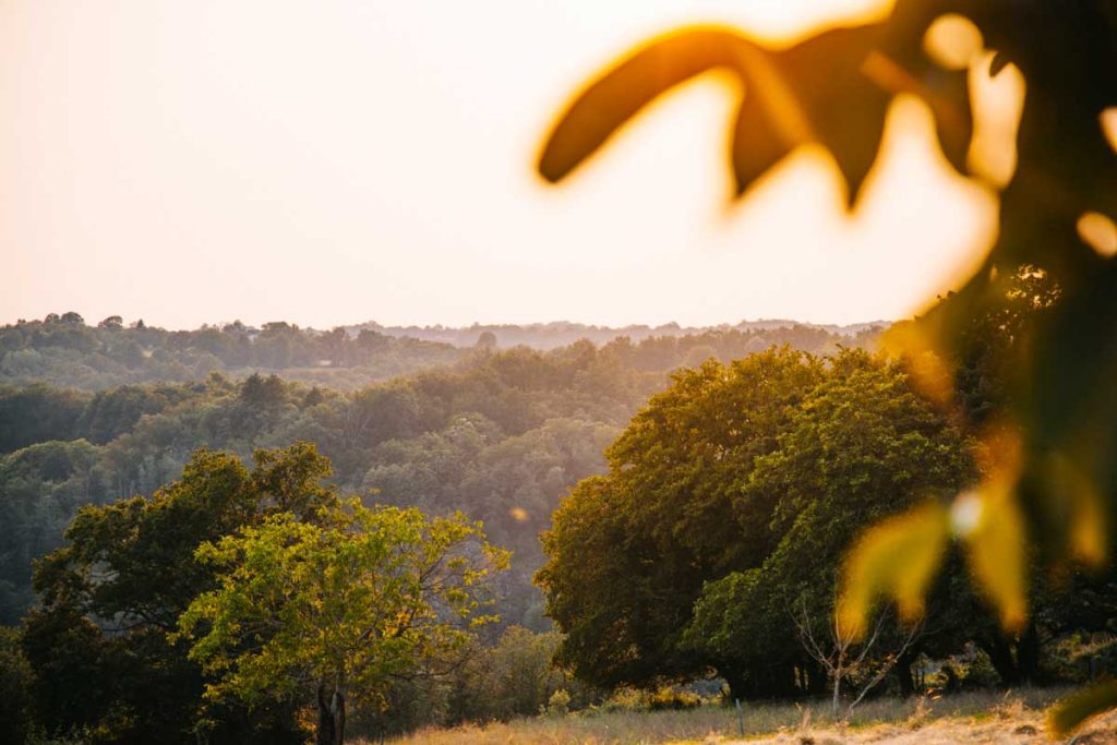 Coucher de soleil sur les collines du Périgord Vert. crédit photo : Clara FERRAND - blog Wildroad